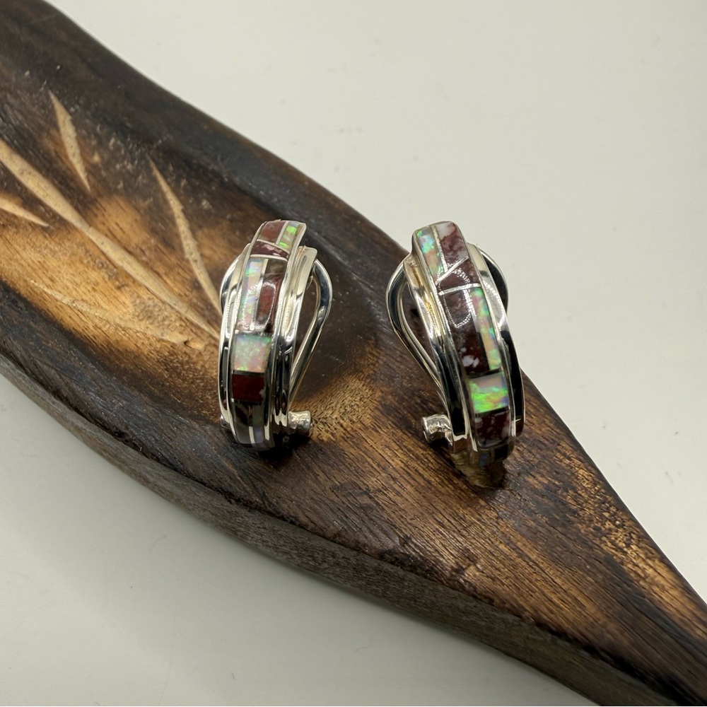 Sterling Silver Opal/Multistone Inlay Half Hoop Earrings Omega Backing Western